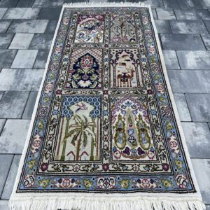 Recznie tkany dywan tunezyjski – welna 100% | 160 x 72 cm | Wzór kwaterowy #059