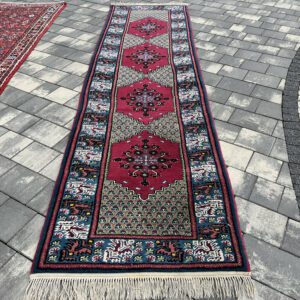 Festiwal barw Orientu – luksusowy perski chodnik Hamadan Malayer, wzór Herati, unikat, 345 x 85 cm #089