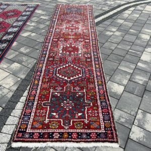 Surowy urok Persji – oryginalny plemienny chodnik Karaja, ręcznie tkany, wełna premium, 346 x 82 cm #088