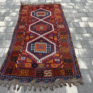 Unikatowy perski dywan nomadyczny Yalameh – 220 x 106 cm, 100% wełna, kunsztowne plecione frędzle #105