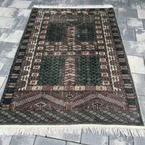 Unikatowy pakistański dywan gabinetowy Premium – 143 x 93 cm, 100% naturalna wełna, rzadka butelkowa zieleń, plemienny wzór Ensi #119