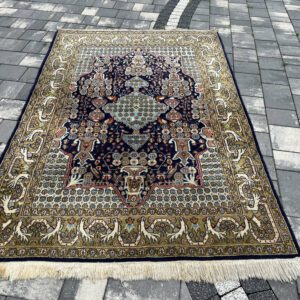Spektakularny perski dywan salonowy Moud Premium – 210 x 139 cm, 100% lśniąca wełna, mistrzowski splot Mahi, unikatowa oliwkowo-indygo paleta, Made in Iran #137