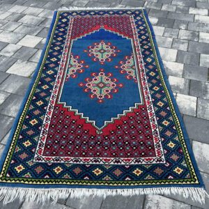 Majestatyczny anatolijski dywan gabinetowy Yahyali Premium – 218 x 101 cm, 100% pancerna wełna, unikatowy błękit kobaltowy, seldżucki motyw geometryczny #138